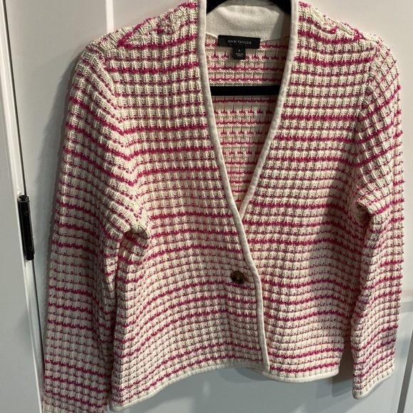 Ann Taylor Pink And White Striped Cardigan EUC - Picture 2 of 11